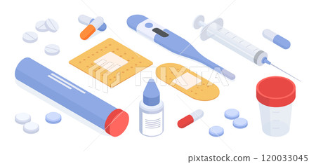 Health care supplies. Isometric pharmacy medicine, emergency tools, syringe, thermometer, patch, medical pills and drugs 3d vector illustration set. Pharmacy supplies collection 120033045