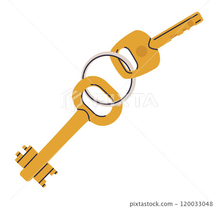 House entrance gold keys. Cartoon apartment door keys with keyring flat vector illustration. Hand drawn apartment keys on white 120033048