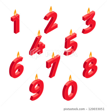 Isometric Birthday candles. Anniversary candles for festive cake, candles in form of numbers for Birthday celebration 3d vector illustration set. HB party candles Isometric Birthday candles. Anniversary candles for festive cake, candles in form of numbers for Birthday celebration 3d vector illustration set. HB party candles 120033051