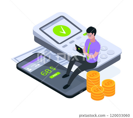 Isometric shopping app. Online banking transaction, mobile terminal online contactless payment 3d vector illustration. Payment process concept 120033060