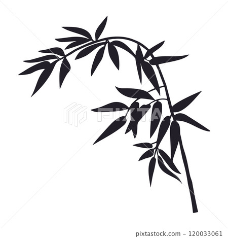 Jungle bamboo branch. Cartoon black decorative bamboo shoot with leaves, tropical forest plant branch flat vector illustration. Bamboo branch silhouette on white background Jungle bamboo branch. Cartoon black decorative bamboo shoot with leaves, tropical forest plant branch flat vector illustration. Bamboo branch silhouette on white background 120033061