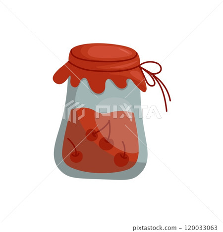 Strawberry jam in glass jar vector flat illustration. Homemade berry jelly cartoon icon. Strawberry jam in glass jar vector flat illustration. Homemade berry jelly cartoon icon. 120033063