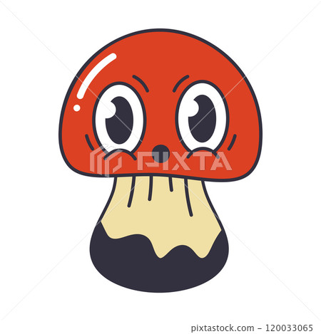 Mushroom character. Funny mushroom mascot, cute comic shroom shaped emoji flat vector illustration. Cartoon comic mushroom emoji on white 120033065