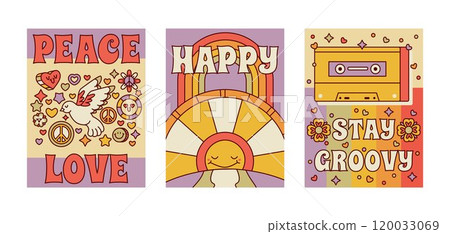 Old school funny posters. Retro hippie psychedelic placards, vintage 70s groovy design flat vector background illustration set. Cartoon groovy backdrops Old school funny posters. Retro hippie psychedelic placards, vintage 70s groovy design flat vector background illustration set. Cartoon groovy backdrops 120033069