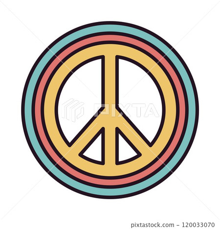 Peace sign icon. Cartoon retro 70s hippie peace sign, 60s peace circle sign symbol flat vector illustration. Retro hippie peace sign badge Peace sign icon. Cartoon retro 70s hippie peace sign, 60s peace circle sign symbol flat vector illustration. Retro hippie peace sign badge 120033070