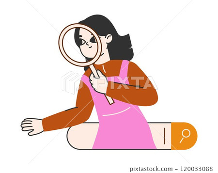 Woman use search bar. Web searching, online browsing and internet surfing flat vector illustration. Girl browsing information Woman use search bar. Web searching, online browsing and internet surfing flat vector illustration. Girl browsing information 120033088