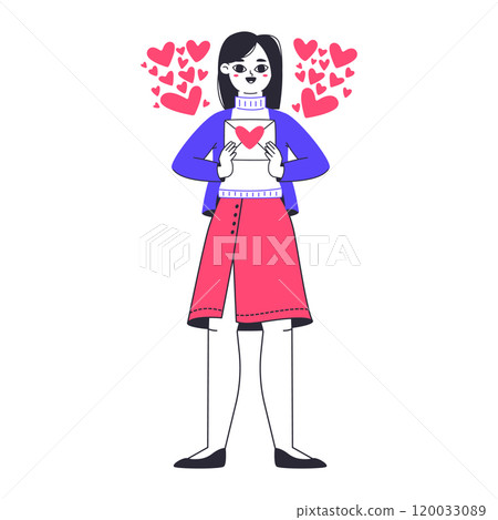 Woman with love message. Romantic cheerful girl received love letter, lady in love flat vector illustration. Valentines day female character Woman with love message. Romantic cheerful girl received love letter, lady in love flat vector illustration. Valentines day female character 120033089