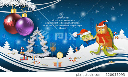 Christmas and New Year illustration Christmas balls on a fir tree a snake and an Owl in a Santa Claus hat Christmas and New Year illustration Christmas balls on a fir tree a snake and an Owl in a Santa Claus hat 120033093