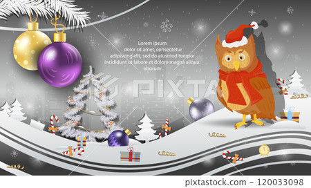 Christmas and New Year illustration Christmas balls on a fir tree an owl in a Santa Claus hat Christmas and New Year illustration Christmas balls on a fir tree an owl in a Santa Claus hat 120033098