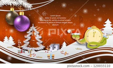 Christmas and New Year illustration Christmas tree balls on a fir tree a snake in a Santa Claus hat wraps around a clock Christmas and New Year illustration Christmas tree balls on a fir tree a snake in a Santa Claus hat wraps around a clock 120033110