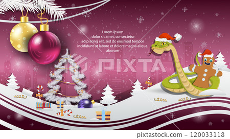 Christmas and New Years illustration with a greeting card Christmas balls hanging on tree branches a snake in a Santa Claus hat crawls out of a bag with gifts 120033118
