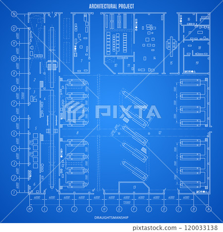 technical drawing of blueprint an architectural design or construction project on blue background. vector illustration technical drawing of blueprint an architectural design or construction project on blue background. vector illustration 120033138