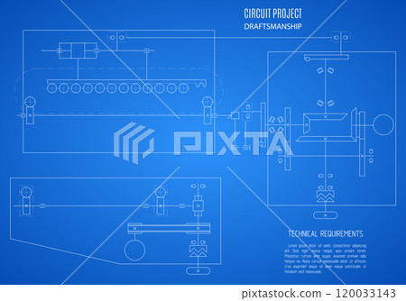 technical drawing of blueprint scheme, plan or project on the blue background. vector illustration technical drawing of blueprint scheme, plan or project on the blue background. vector illustration 120033143