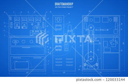 blueprint technical drawing of a stand design on blue background. construction project. vector illustration blueprint technical drawing of a stand design on blue background. construction project. vector illustration 120033144