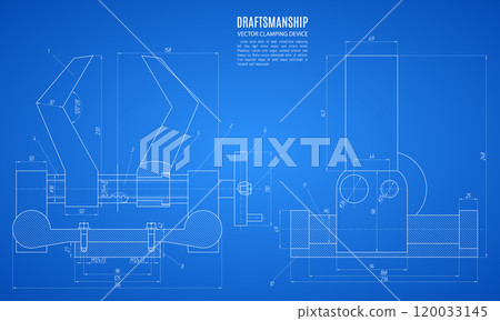 blueprint of the clamping device, technical drawing of construction plan or project on the blue background. vector illustration blueprint of the clamping device, technical drawing of construction plan or project on the blue background. vector illustration 120033145