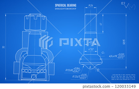 blueprint of spherical bearing, project technical drawing on the blue background. vector illustration 120033149