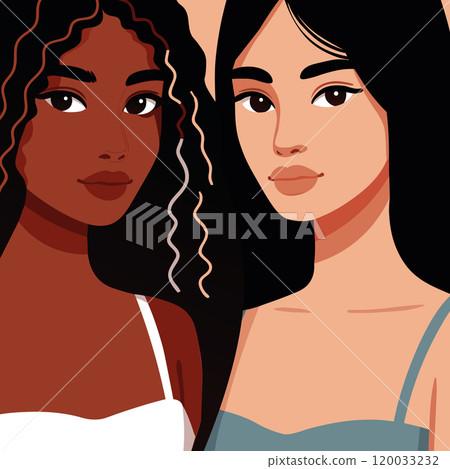 Portraits of two young women, one with dark skin and the other with light skin. Flat vector illustration	 120033232