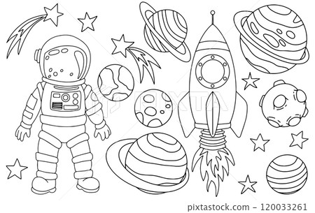 Vector set with space rocket, planets and astronaut. Coloring book in doodle style Vector set with space rocket, planets and astronaut. Coloring book in doodle style 120033261