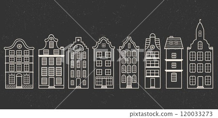 Danish houses art buildings lined up on a deep black background, Linear style Danish houses art buildings lined up on a deep black background, Linear style 120033273