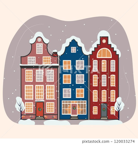 A Danish cottages , illustration of three snow covered houses, illustration of three charming houses in the snow A Danish cottages , illustration of three snow covered houses, illustration of three charming houses in the snow 120033274