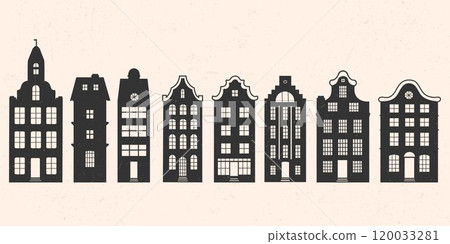 The white background depicts silhouettes of Danish building houses, retro houses. 120033281