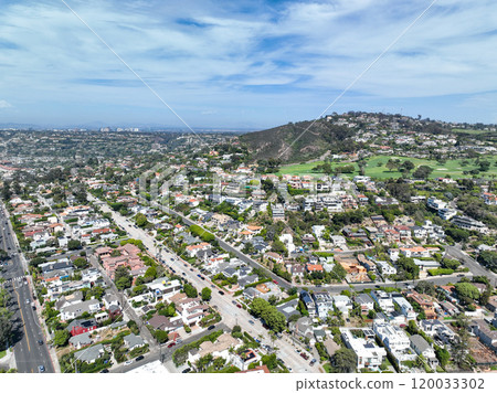 Aerial view over La Jolla hills, San Diego, California, USA 120033302