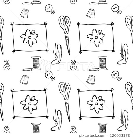 Sew scissors needlework doodle pattern vector art 120033378
