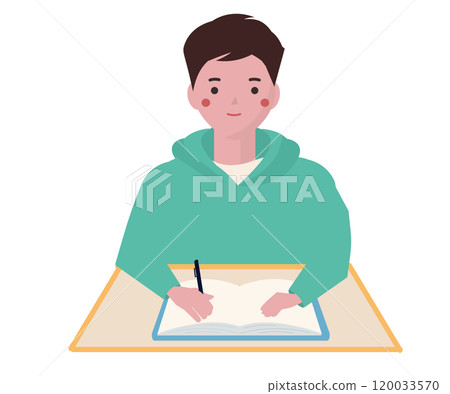 一個男孩在文件上寫字。向量圖 120033570