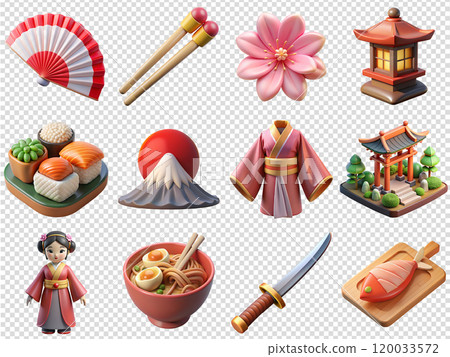 Collection of different Japanese symbols including Fuji, geisha, sakura flower,, kimono, fan, sushi 120033572