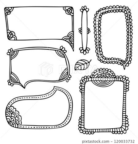 Bullet journal hand-drawn vector frames and elements for notebook, scrapbook, diary, or planner. Doodle black borders isolated on a white background.  120033732