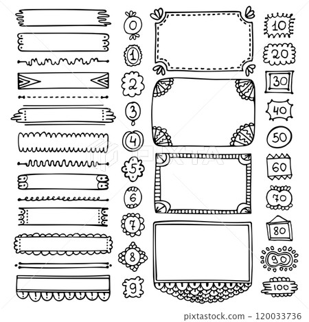 Bullet journal hand-drawn vector frames and elements for notebook, scrapbook, diary, or planner. Doodle black borders isolated on a white background.  120033736