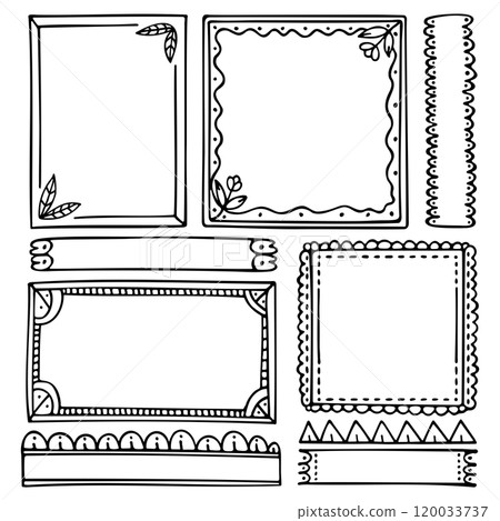 Bullet journal hand-drawn vector frames and elements for notebook, scrapbook, diary, or planner. Doodle black borders isolated on a white background. Bullet journal hand-drawn vector frames and elements for notebook, scrapbook, diary, or planner. Doodle black borders isolated on a white background. 120033737