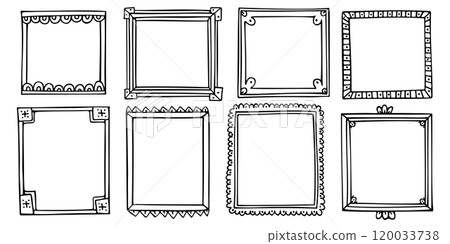 Bullet journal hand-drawn vector frames and elements for notebook, scrapbook, diary, or planner. Doodle black borders isolated on a white background.  120033738
