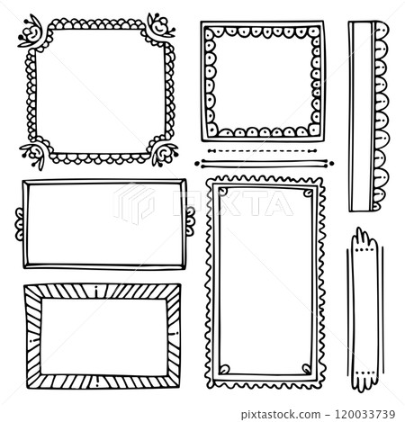 Bullet journal hand-drawn vector frames and elements for notebook, scrapbook, diary, or planner. Doodle black borders isolated on a white background.  120033739