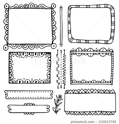 Bullet journal hand-drawn vector frames and elements for notebook, scrapbook, diary, or planner. Doodle black borders isolated on a white background. Bullet journal hand-drawn vector frames and elements for notebook, scrapbook, diary, or planner. Doodle black borders isolated on a white background. 120033740