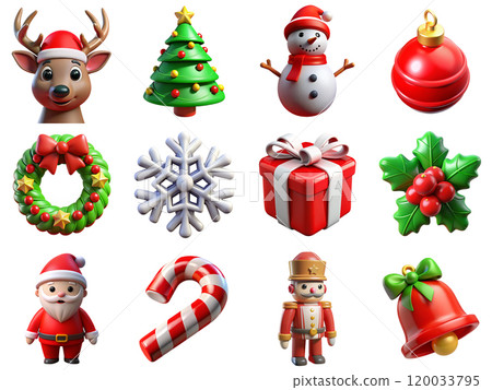 Collection of different christmas 3d icons including snowman, santa, nutcracker, gift box, mistletoe, christmas tree Collection of different christmas 3d icons including snowman, santa, nutcracker, gift box, mistletoe, christmas tree 120033795