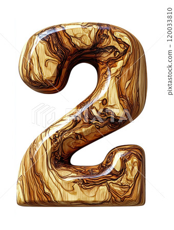 Polished wood number 2 isolated on white, detailed wood grain, realistic texture 120033810