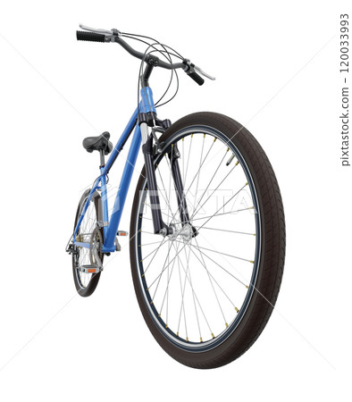 Blue bicycle, front side view with wide angle shot of the front wheel. Black leather saddle and handles. Png clipart isolated on transparent background Blue bicycle, front side view with wide angle shot of the front wheel. Black leather saddle and handles. Png clipart isolated on transparent background 120033993