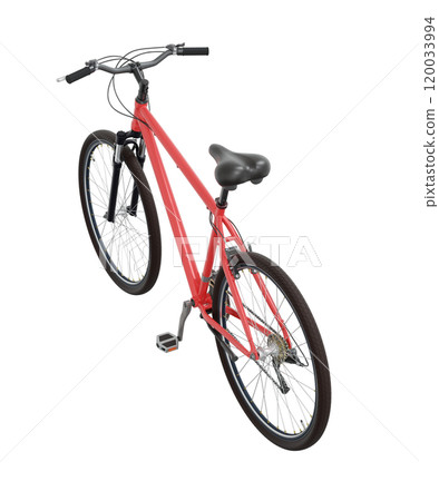 Red bicycle, side top view. Black leather saddle and handles. Png clipart isolated on transparent background 120033994