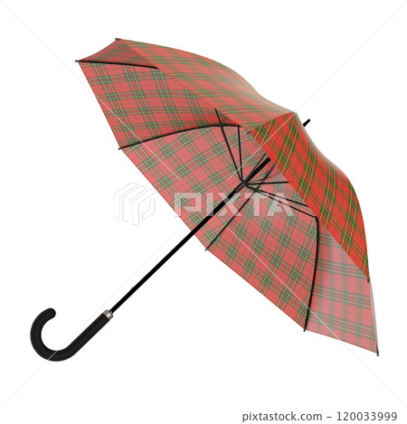 Open red umbrella with checkered plaid pattern black handle lying on a side or flying away, isolated on white background. 3D illustration 120033999