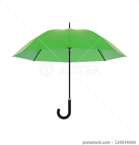 Open green umbrella with black handle, isolated on white background. 3D illustration 120034000