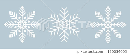 Snowflake icons set. White ice snowflake on blue background. Crystals, Christmas, new year. Winter symbol. 120034003