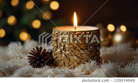 Christmas scene with a lit candle in a decorative holder 120034049