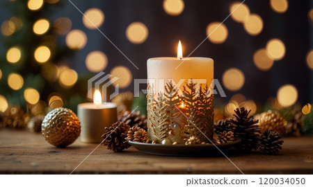 Christmas scene with a lit candle in a decorative holder 120034050