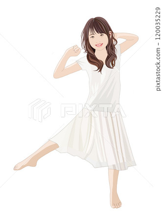 Illustration of a smiling girl raising one leg Illustration of a smiling girl raising one leg 120035229