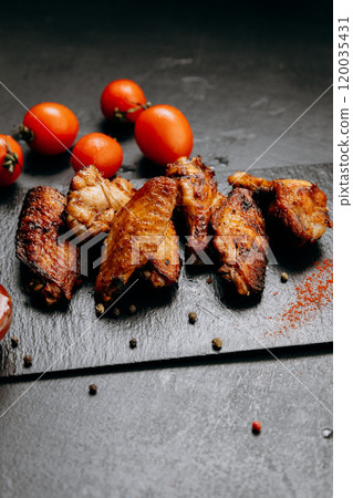 Juicy grilled chicken wings served with fresh tomatoes and spices, perfect for a delicious meal Juicy grilled chicken wings served with fresh tomatoes and spices, perfect for a delicious meal 120035431