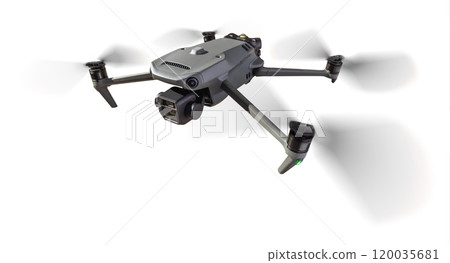Front View of a Drone Quadcopter UAV In Flight Isolated on a White Background. 120035681