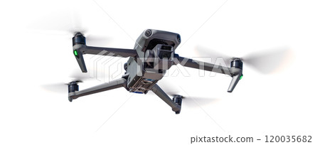 Front View of a Drone Quadcopter UAV In Flight Isolated on a White Background. Front View of a Drone Quadcopter UAV In Flight Isolated on a White Background. 120035682