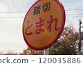 A "Stop" road sign near a railroad crossing 120035886