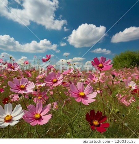 Cosmos shining in the autumn blue sky 120036153